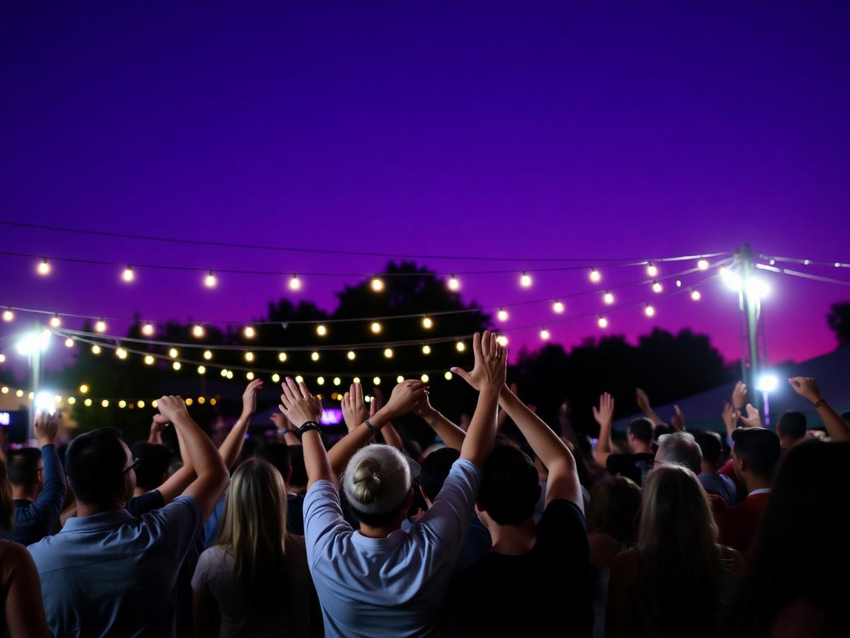 Community celebration event under string lights