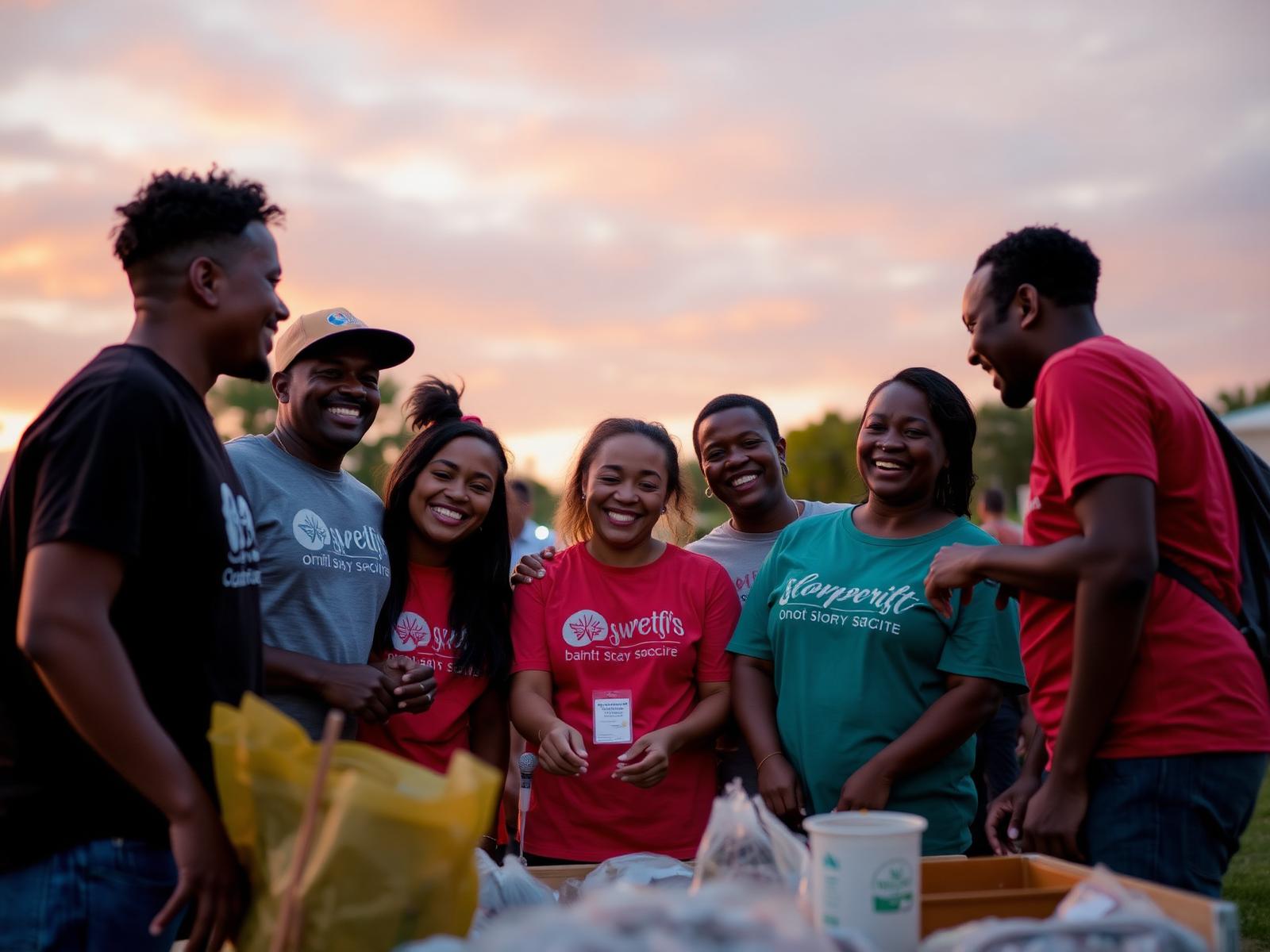 Diverse volunteers collaborating at a community outreach event